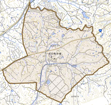 水口町中畑とその周辺の地図。町の範囲を重ねている