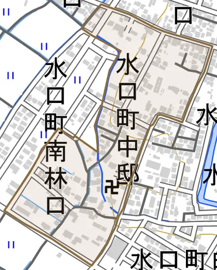 水口町中邸とその周辺の地図。町の範囲を重ねている