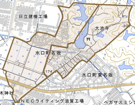 水口町名坂とその周辺の地図。町の範囲を重ねている