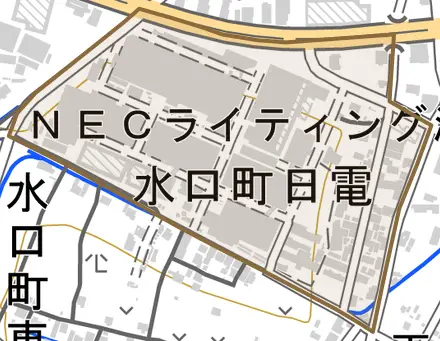 水口町日電とその周辺の地図。町の範囲を重ねている
