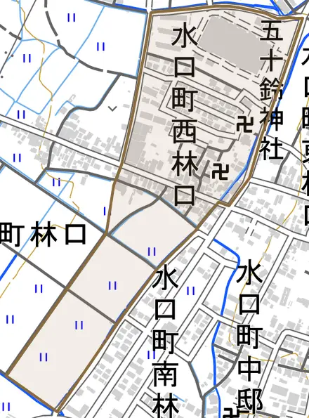 水口町西林口とその周辺の地図。町の範囲を重ねている