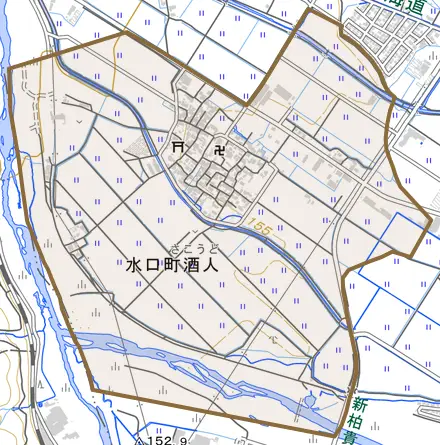 水口町酒人とその周辺の地図。町の範囲を重ねている