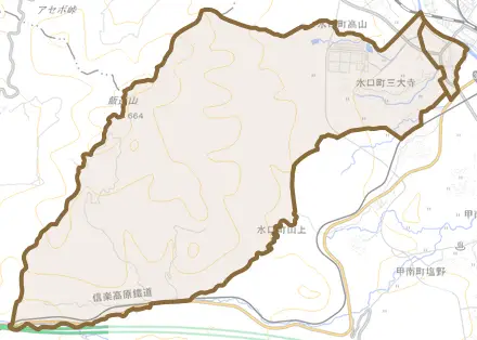 水口町三大寺とその周辺の地図。町の範囲を重ねている