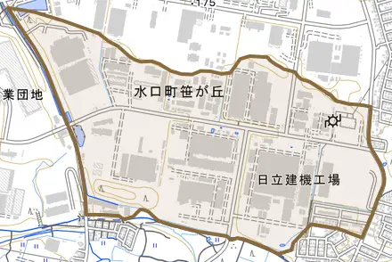 水口町笹が丘とその周辺の地図。町の範囲を重ねている