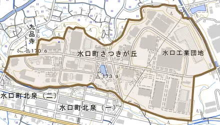 水口町さつきが丘とその周辺の地図。町の範囲を重ねている