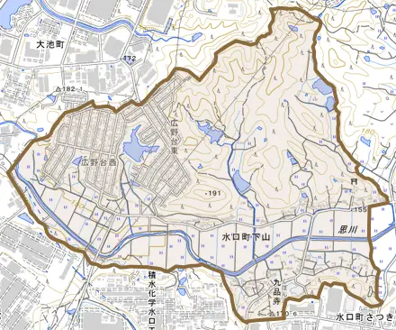 水口町下山とその周辺の地図。町の範囲を重ねている
