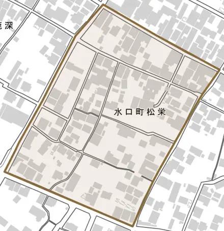水口町松栄とその周辺の地図。町の範囲を重ねている