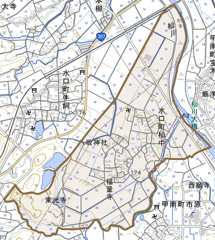 水口町杣中とその周辺の地図。町の範囲を重ねている