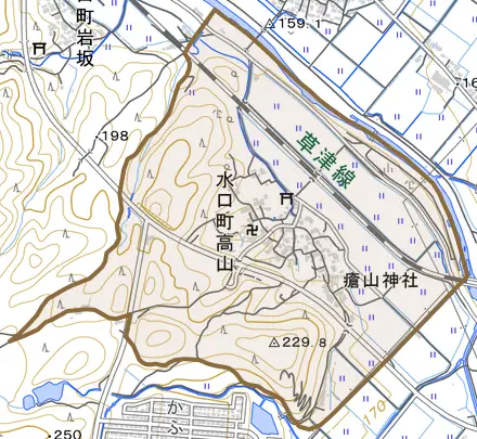 水口町高山とその周辺の地図。町の範囲を重ねている