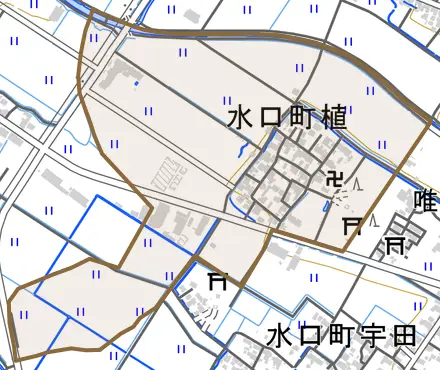 水口町植とその周辺の地図。町の範囲を重ねている