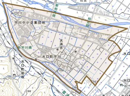 水口町宇川とその周辺の地図。町の範囲を重ねている