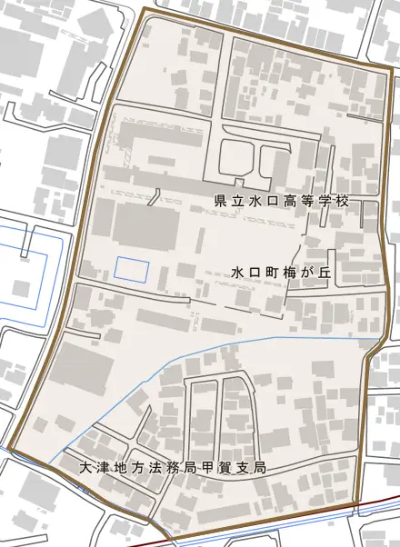 水口町梅が丘とその周辺の地図。町の範囲を重ねている