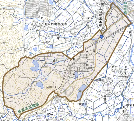 水口町牛飼とその周辺の地図。町の範囲を重ねている