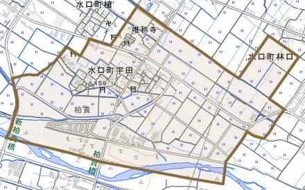 水口町宇田とその周辺の地図。町の範囲を重ねている