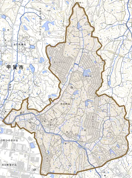水口町山とその周辺の地図。町の範囲を重ねている