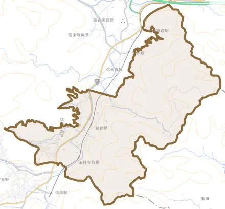 信楽町勅旨とその周辺の地図。町の範囲を重ねている