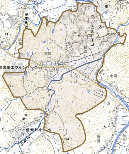 信楽町江田とその周辺の地図。町の範囲を重ねている