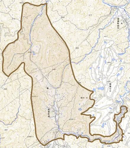 信楽町畑とその周辺の地図。町の範囲を重ねている
