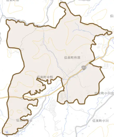 信楽町柞原とその周辺の地図。町の範囲を重ねている