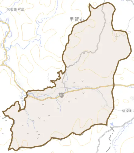 信楽町上朝宮とその周辺の地図。町の範囲を重ねている