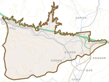 信楽町黄瀬とその周辺の地図。町の範囲を重ねている