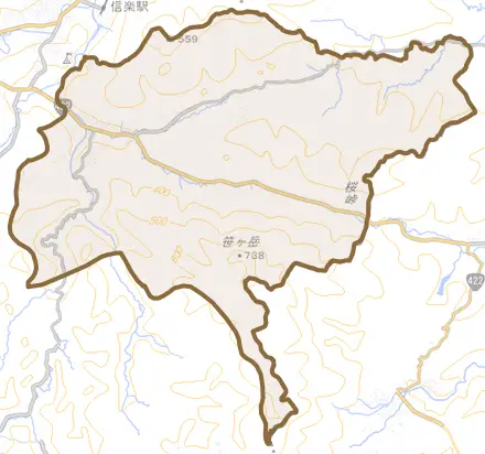 信楽町神山とその周辺の地図。町の範囲を重ねている
