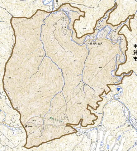 信楽町宮尻とその周辺の地図。町の範囲を重ねている