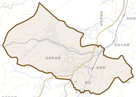 信楽町長野とその周辺の地図。町の範囲を重ねている