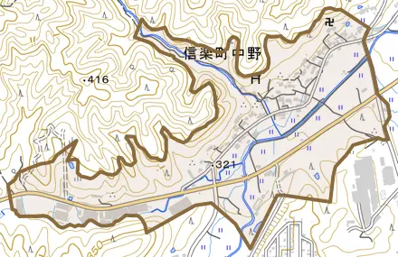 信楽町中野とその周辺の地図。町の範囲を重ねている
