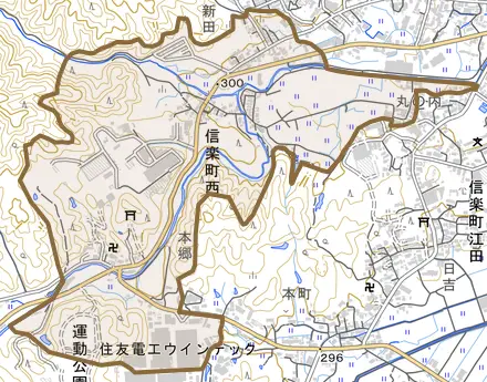 信楽町西とその周辺の地図。町の範囲を重ねている