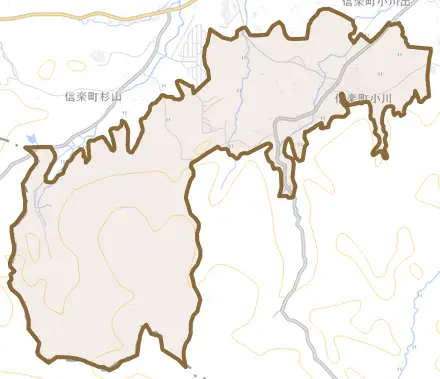 信楽町小川とその周辺の地図。町の範囲を重ねている