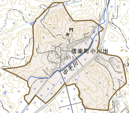 信楽町小川出とその周辺の地図。町の範囲を重ねている