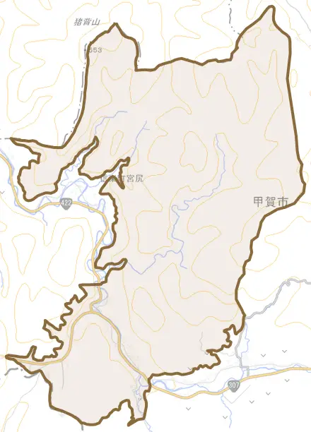 信楽町下朝宮とその周辺の地図。町の範囲を重ねている