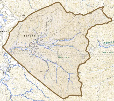土山町山女原とその周辺の地図。町の範囲を重ねている