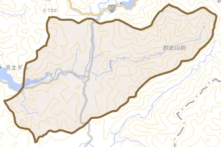 土山町鮎河とその周辺の地図。町の範囲を重ねている