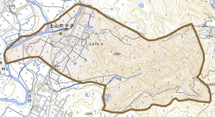 土山町平子とその周辺の地図。町の範囲を重ねている