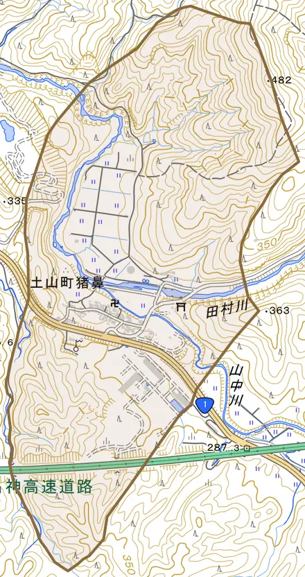 土山町猪鼻とその周辺の地図。町の範囲を重ねている