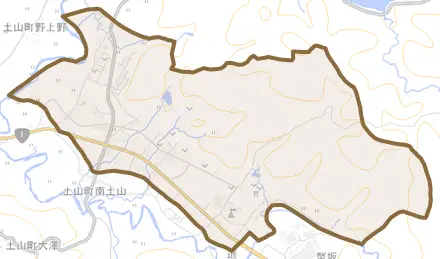 土山町北土山とその周辺の地図。町の範囲を重ねている