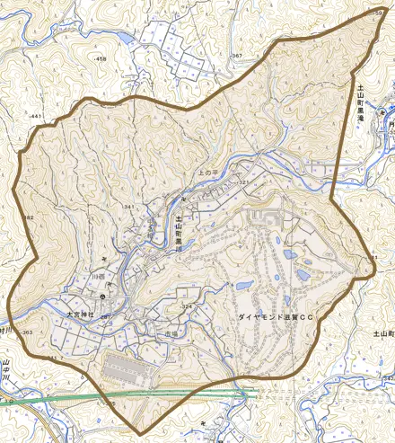 土山町黒川とその周辺の地図。町の範囲を重ねている