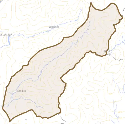 土山町黒滝とその周辺の地図。町の範囲を重ねている