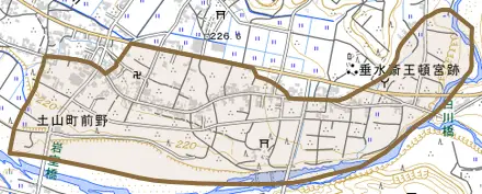 土山町前野とその周辺の地図。町の範囲を重ねている