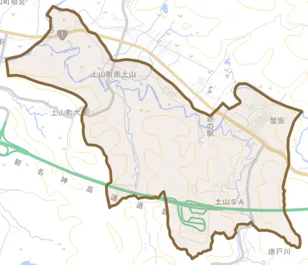 土山町南土山とその周辺の地図。町の範囲を重ねている