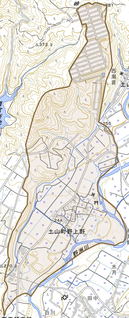土山町野上野とその周辺の地図。町の範囲を重ねている