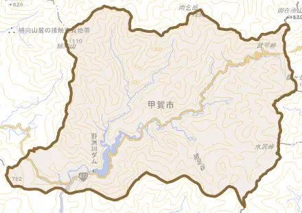 土山町大河原とその周辺の地図。町の範囲を重ねている