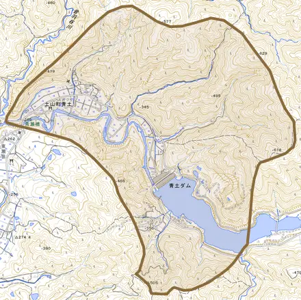 土山町青土とその周辺の地図。町の範囲を重ねている
