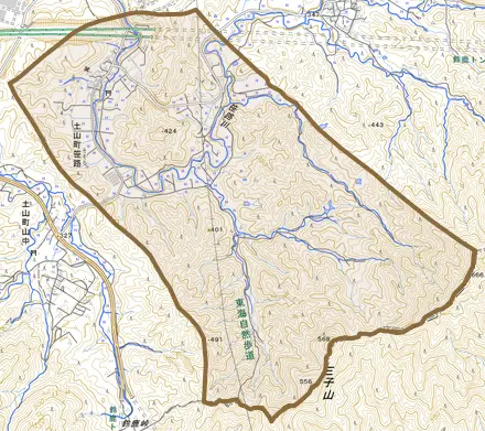 土山町笹路とその周辺の地図。町の範囲を重ねている