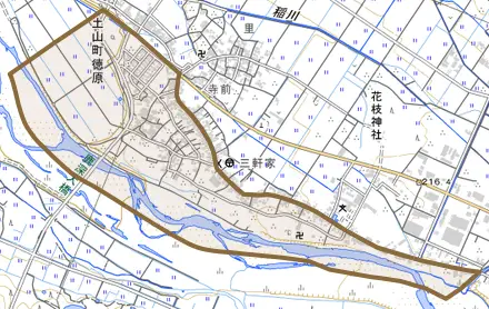 土山町徳原とその周辺の地図。町の範囲を重ねている