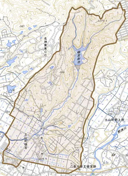 土山町頓宮とその周辺の地図。町の範囲を重ねている