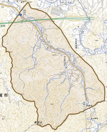土山町山中とその周辺の地図。町の範囲を重ねている