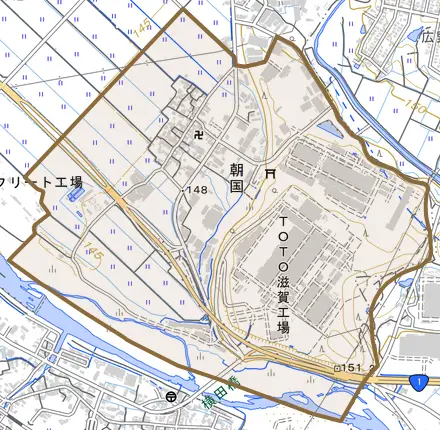 朝国とその周辺の地図。町の範囲を重ねている